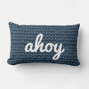 Nautical Wave Modern Coastal Ahoy Script Lendenkissen