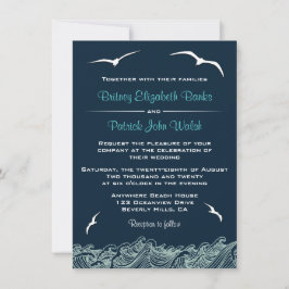 Nautical Waves & Seagulls Navy Hochzeitseinladunge Einladung