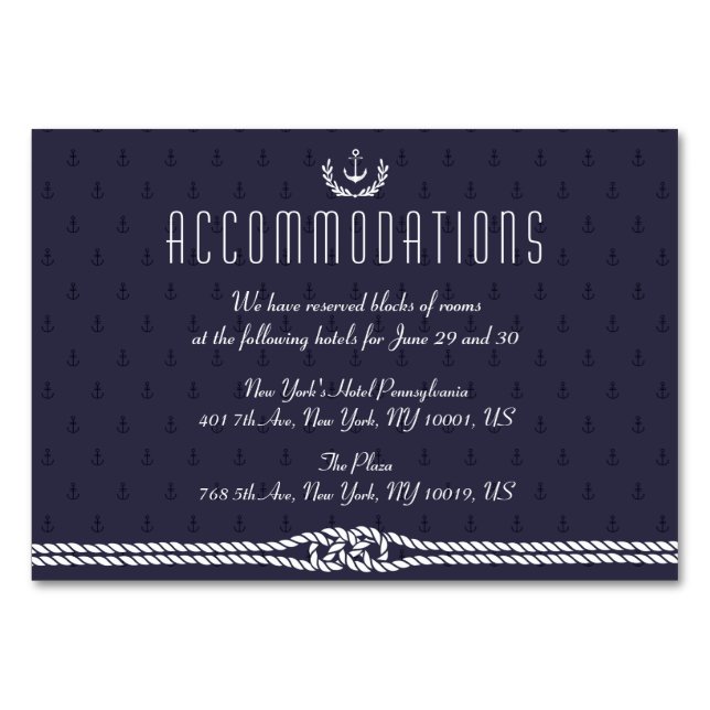 Nautical Wedding Accommodation Card Blue Anker Tischnummer (Vorderseite)