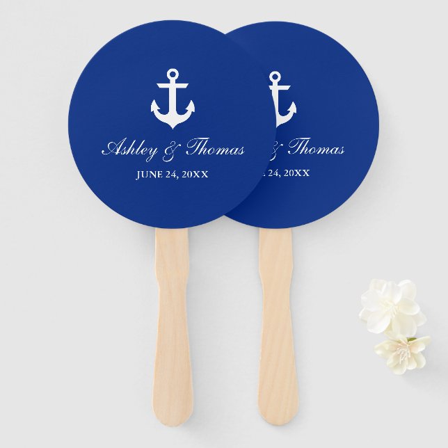 Nautical Wedding Anchor Blue Round Fächer (Vorne und Hinten)