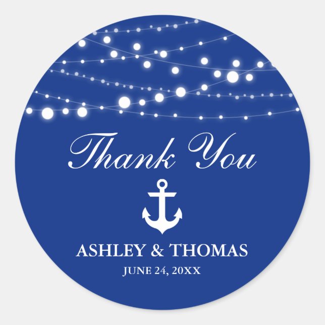 Nautical Wedding Anchor Lights Blue Vielen Dank Runder Aufkleber (Vorderseite)
