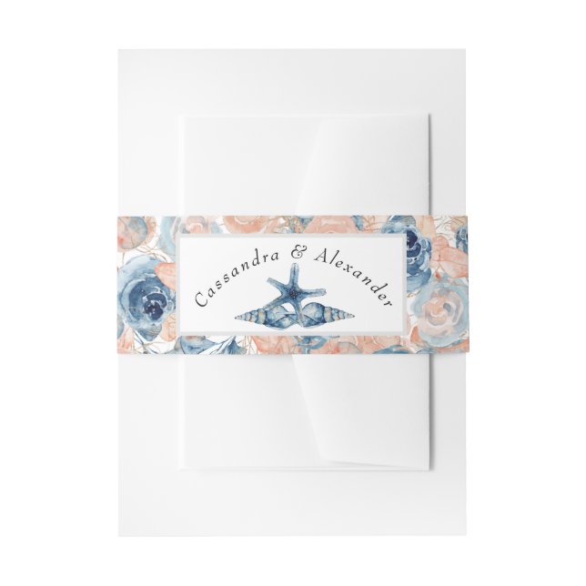 Nautical Wedding Beach Blue Seashell und Rose, Einladungsbanderole (Vorderseite Beispiel)