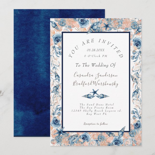 Nautical Wedding Beach Seashell Blume Rose Einladung (Vorne/Hinten)