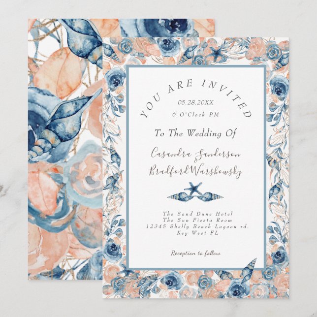 Nautical Wedding Beach Seashell Blume Rose Wed Einladung (Vorne/Hinten)