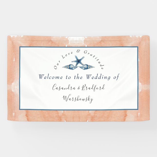 Nautical Wedding Beach Seashell Rose Coral Blue Banner (Horizontal)