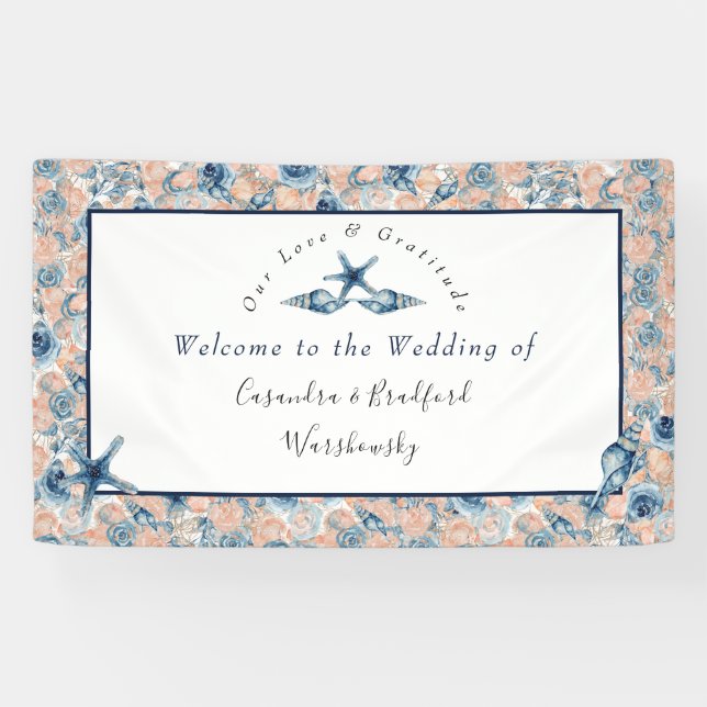 Nautical Wedding Beach Seashell Rose Flitterwochen Banner (Horizontal)