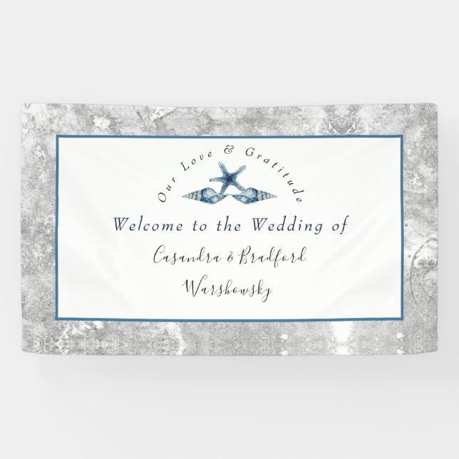 Nautical Wedding Beach Seashell Rose Grau Blue Banner (Horizontal)