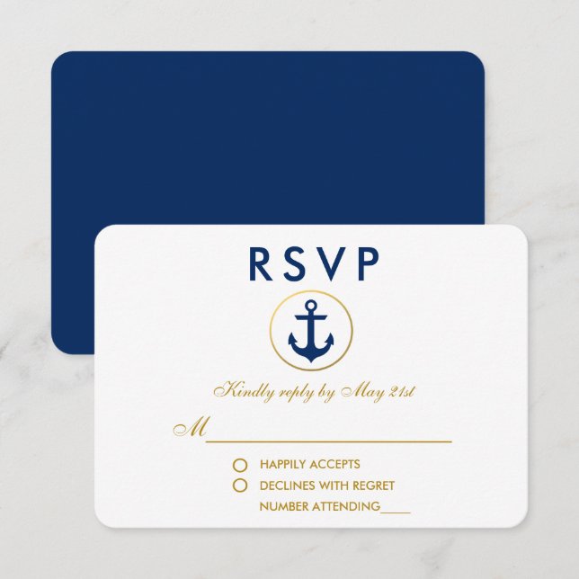 Nautical Wedding Blue Anchor Gold UAWG RSVP Karte (Vorne/Hinten)