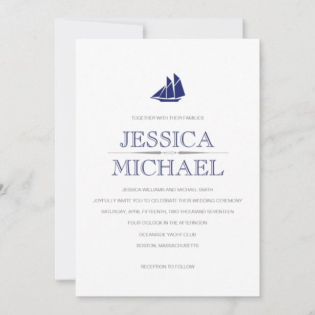 Nautical Wedding Blue Boat mit Segeln nach Maß Einladung (Vorderseite)