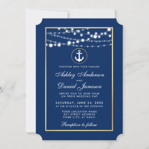 Nautical Wedding Blue Gold String Lights laden ein Einladung