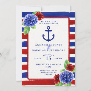 Nautical Wedding Blue Red Floral Watercolor Einladung