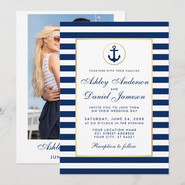 Nautical Wedding Blue Streifen laden B Foto zurück Einladung (Vorne/Hinten)