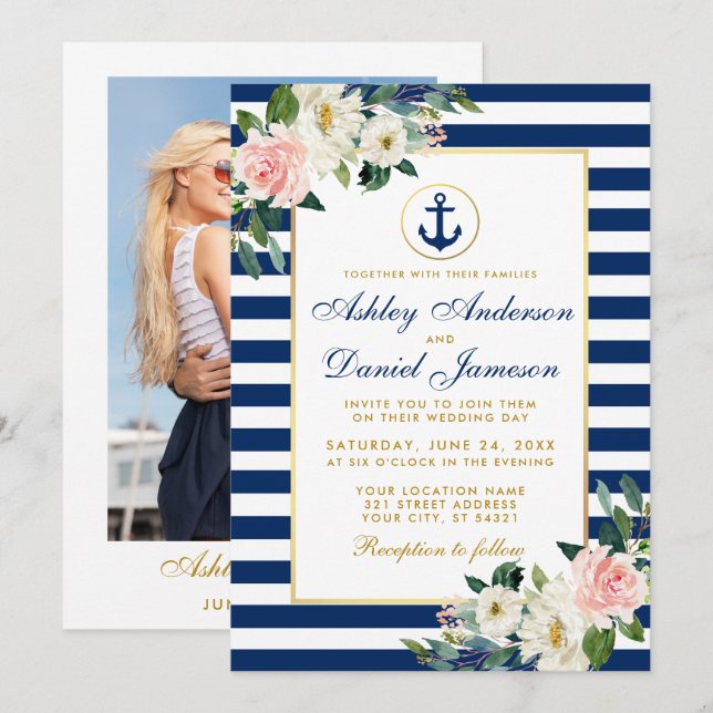 Nautical Wedding Blue Stripes Blumenmuster Foto Einladung (Vorne/Hinten)