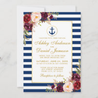 Nautical Wedding Blue Stripes Burgundy Invite G