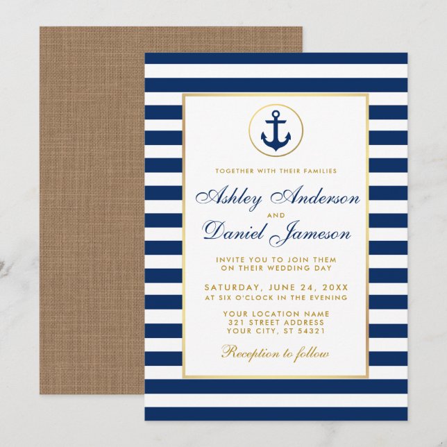 Nautical Wedding Blue Stripes Gold Burlap Invite Einladung (Vorne/Hinten)