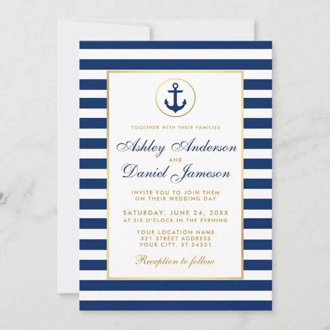 Nautical Wedding Blue Stripes Gold Einladung (Vorderseite)