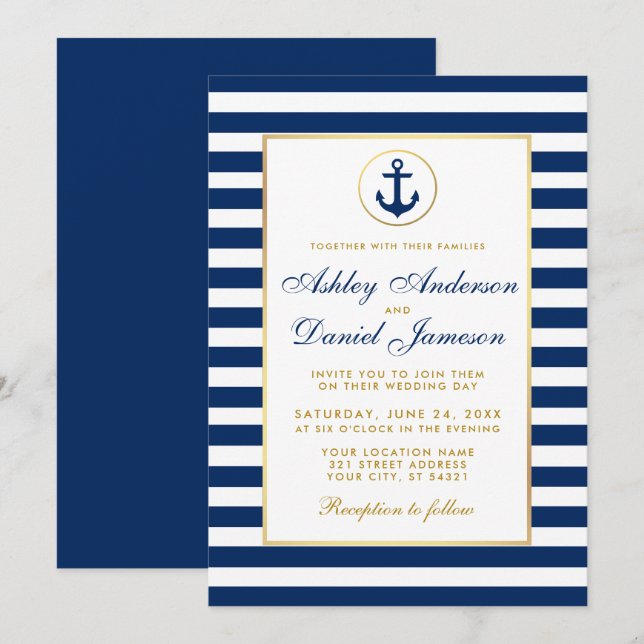 Nautical Wedding Blue Stripes Gold Einladung B (Vorne/Hinten)