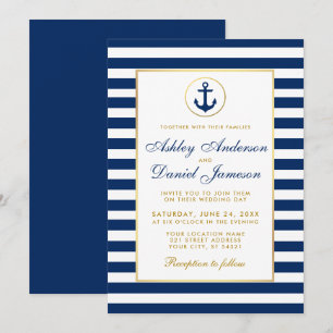 Nautical Wedding Blue Stripes Gold Einladung B