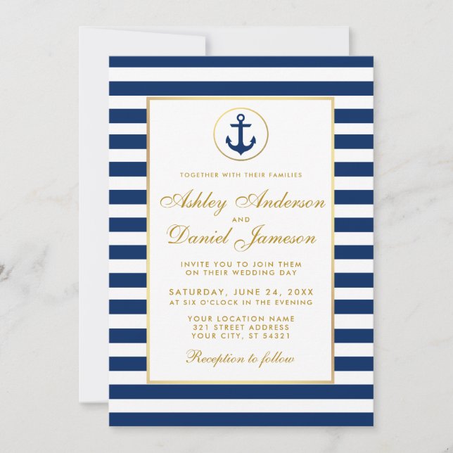 Nautical Wedding Blue Stripes Gold Einladung GW (Vorderseite)