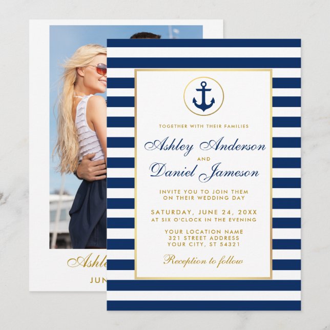 Nautical Wedding Blue Stripes laden BG Foto zurück Einladung (Vorne/Hinten)