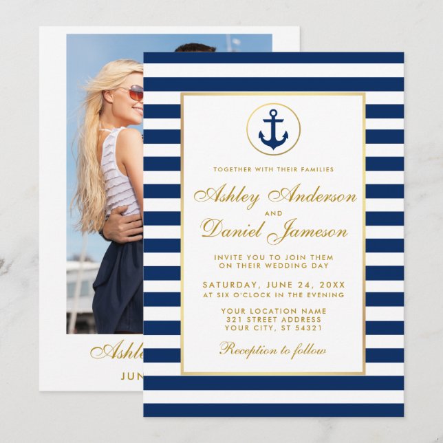 Nautical Wedding Blue Stripes laden G-Foto zurück Einladung (Vorne/Hinten)