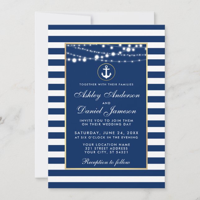 Nautical Wedding Blue Stripes Lights Einladung (Vorderseite)