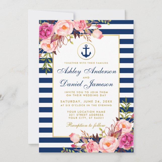 Nautical Wedding Blue Stripes Pink Floral Invite W Einladung (Vorderseite)