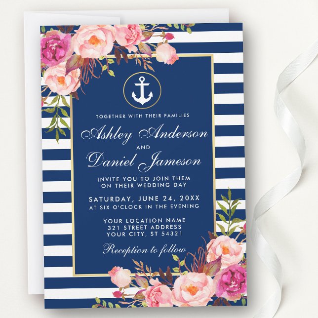 Nautical Wedding Blue Stripes Pink Floral Invite W Einladung (Customize to change text size or text style.)