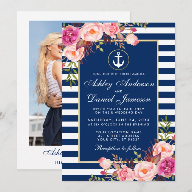Nautical Wedding Blue Stripes Rosa Foto Einladung (Vorne/Hinten)
