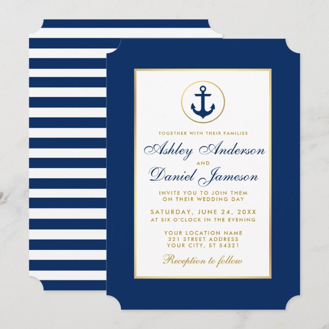 Nautical Wedding Blue Striping Gold Einladung (Vorne/Hinten)