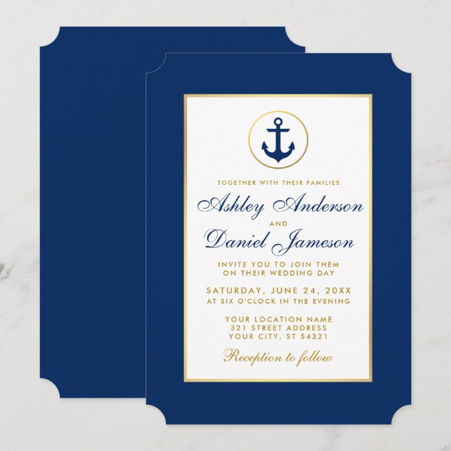 Nautical Wedding Blue und Gold Einladung (Vorne/Hinten)