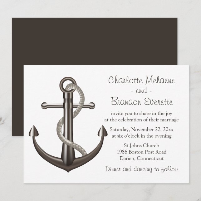 Nautical Wedding Brown Ship Anchor Beach Sailor Einladung (Vorne/Hinten)