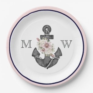 Nautical Wedding Floral Anchor Pink und Marine Pappteller