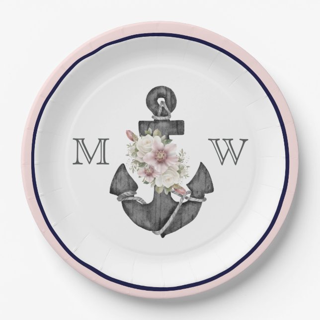 Nautical Wedding Floral Anchor Pink und Marine Pappteller (Vorderseite)