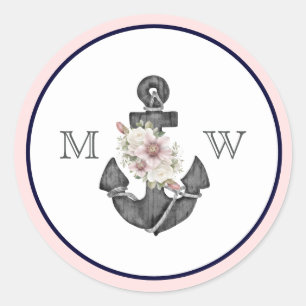 Nautical Wedding Floral Anchor Pink und Marine Runder Aufkleber