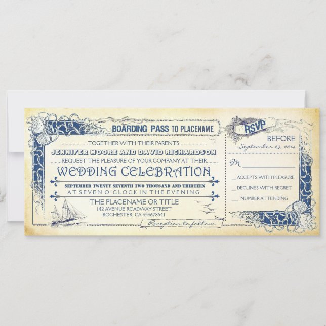 Nautical Wedding Invasion Boarding Tickets Einladung (Vorderseite)
