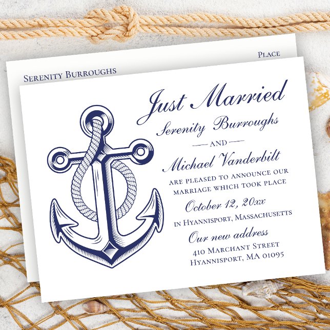 Nautical Wedding Navy Blue Anchor Just Married Ankündigungspostkarte (Von Creator hochgeladen)