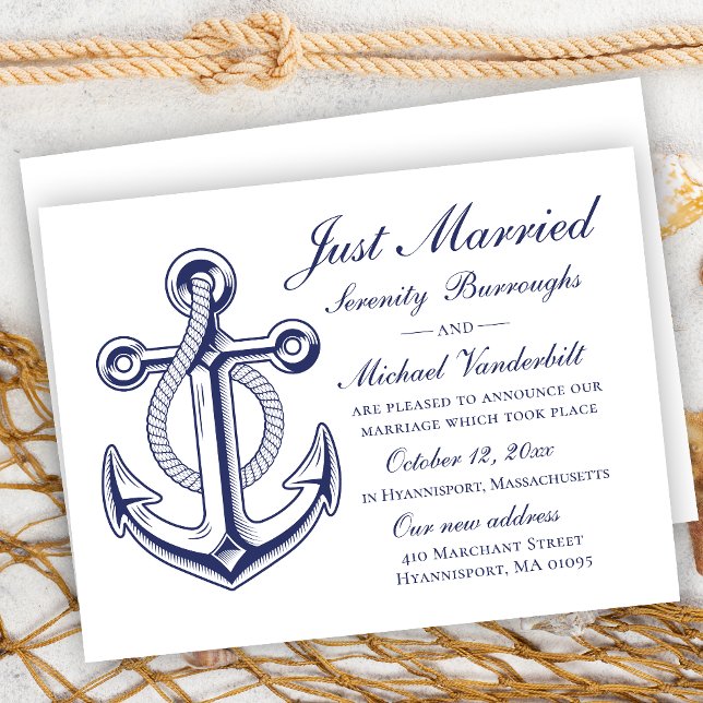 Nautical Wedding Navy Blue Anchor Just Married Einladung (Von Creator hochgeladen)