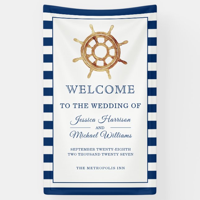 Nautical Wedding Navy Wasserfarbenlenkrad Banner (Vertikal)
