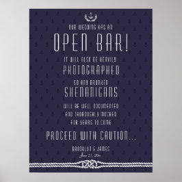 Nautical Wedding Open Bar Sign 18x24 Blue Anchors Poster