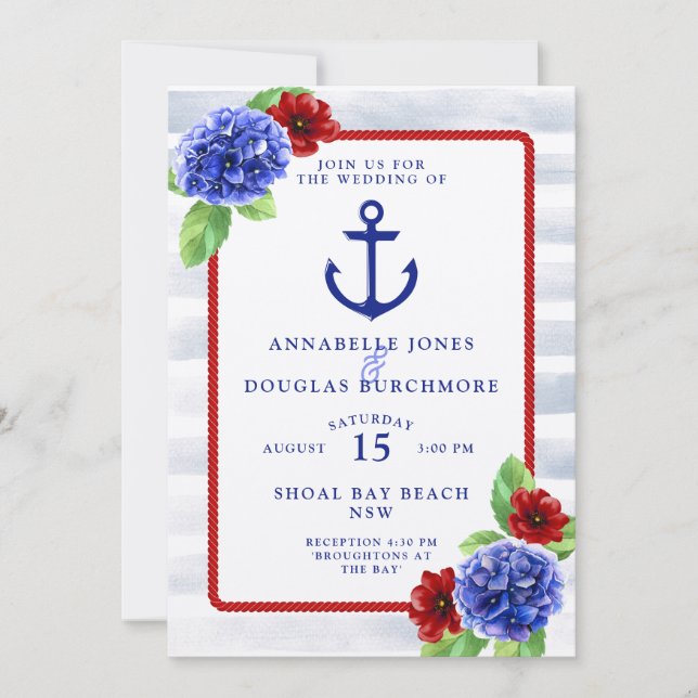 Nautical Wedding White Blue Floral Watercolor Einladung (Vorderseite)