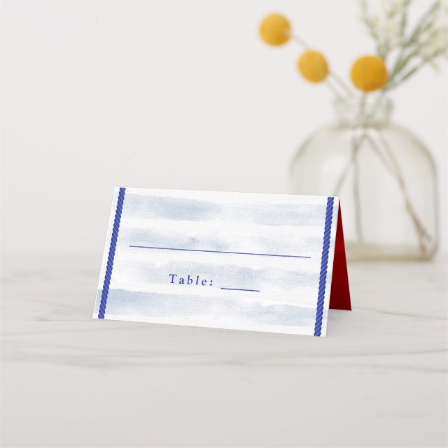 Nautical Wedding White Blue Watercolor Streifen Platzkarte (Vorderseite)