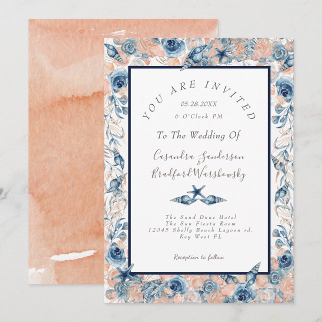 Nautical Wedtical Beach Muschel Blume Rose Einladung (Vorne/Hinten)