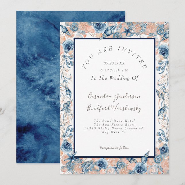 Nautical Wedtical Beach Muschel Blume Rose Navy Einladung (Vorne/Hinten)