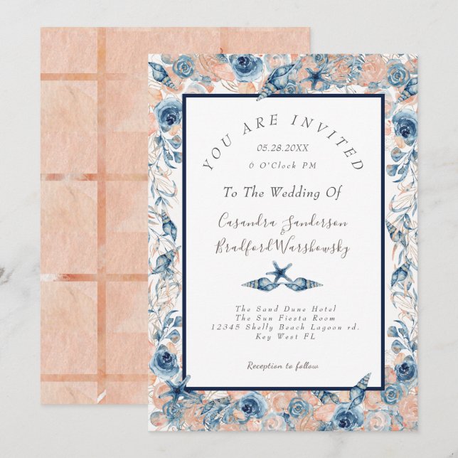 Nautical Wedtical Beach Sea Muschel Blume Rose LT Einladung (Vorne/Hinten)