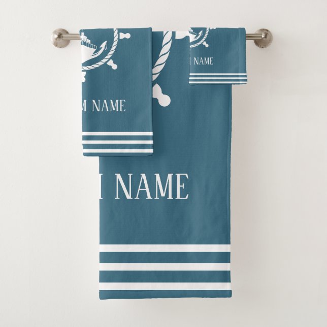 Nautical Welcome Kapitän Anker Marine Blue Badhandtuch Set (Insitu)