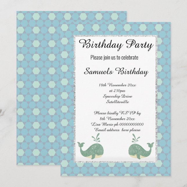 Nautical Whale Blue White Green Hexagon Geburtstag Einladung (Vorne/Hinten)