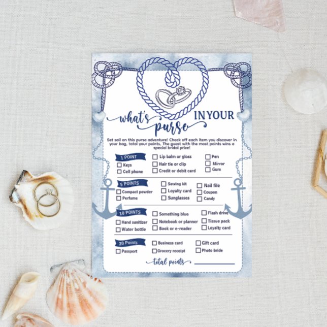 Nautical What in Your Purse Game Bridal Shower Einladung (Nautical What in Your Purse Game wedding activities fun beach theme anchor cord  digital download   )