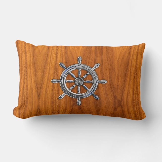 Nautical Wheel auf Teak Veneer Lendenkissen (Vorderseite)