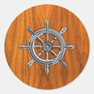 Nautical Wheel auf Teak Veneer Runder Aufkleber